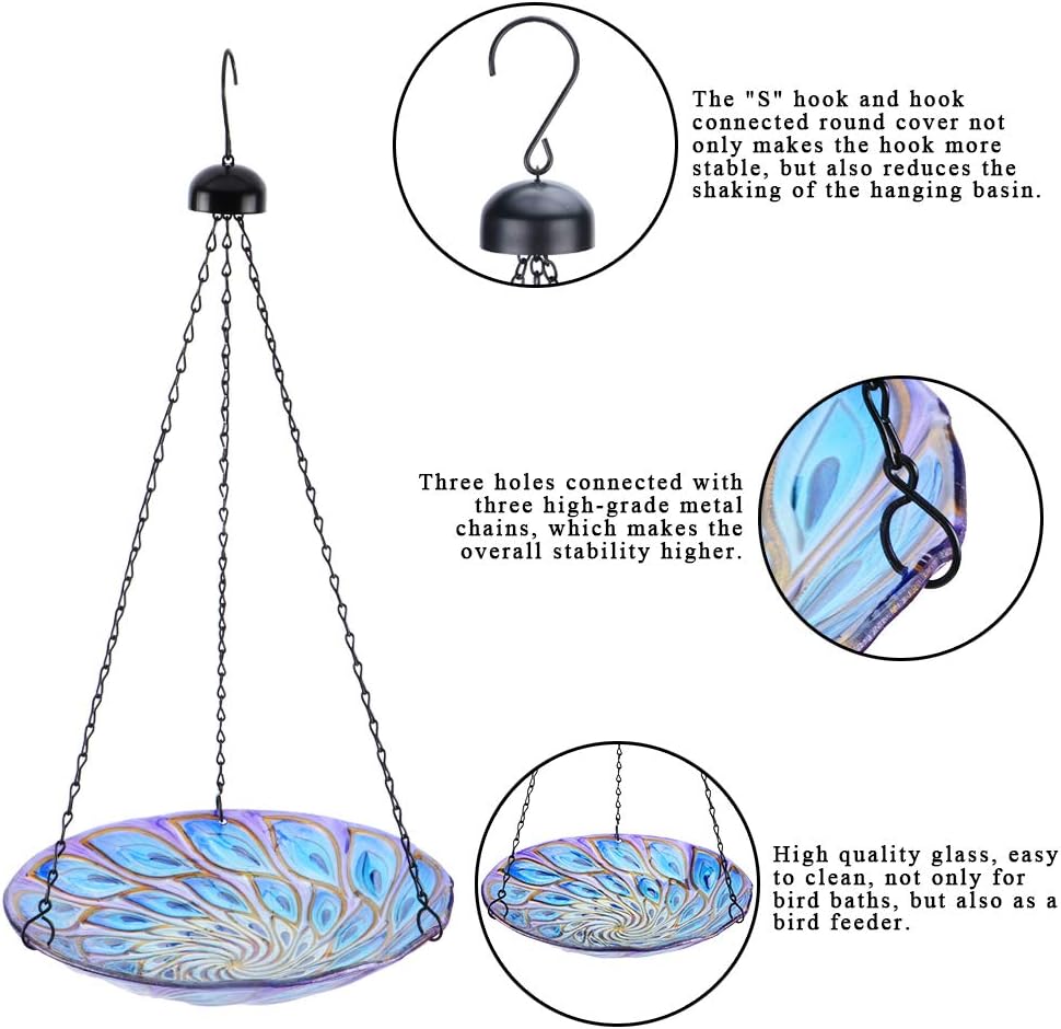 VCUTEKA Hanging Bird Baths Outdoor Glass Peacock Birdbath Birdfeeder for Garden Yard Decoration