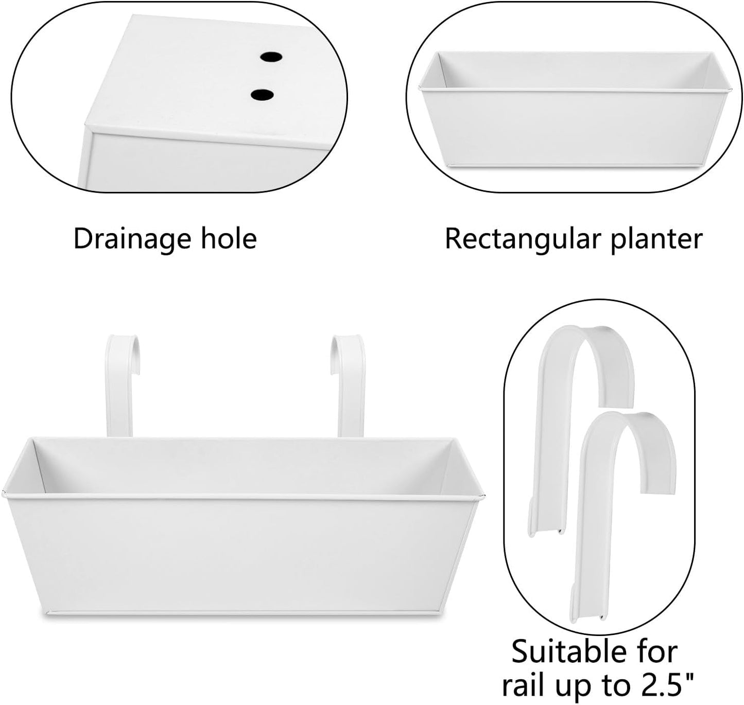 Railing Planters Outdoor Balcony 16 Inch Deck Over The Railing Planter Boxes Hanging Planters for Fence Flower 3 Pcs (White)