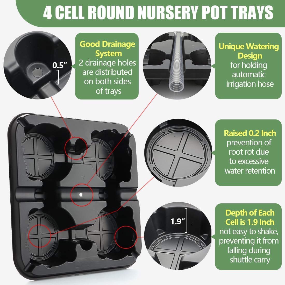 4 Cell Round Nursery Pot Trays for 5-6 Inch Pots, Thickened Sturdy Seedling Pot Shuttle Tray, Durable Nursery Pots Carrying Tray for Holding 5-6 inch Plastic Plant Pots (12.6" Square, 10-Pack)