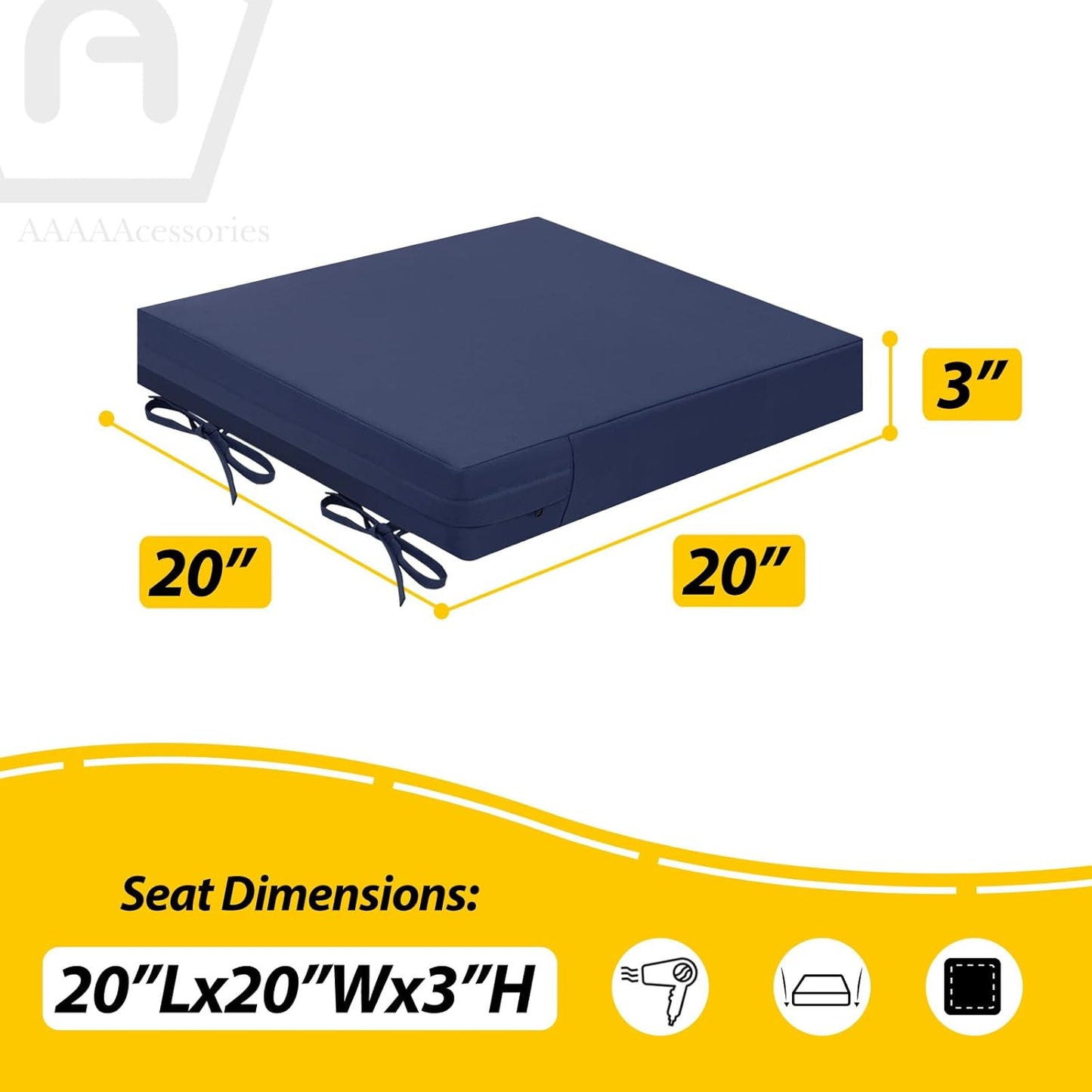 AAAAAcessories Outdoor Seat Cushions for Chairs, Waterproof, Fade-Resistant Patio Furniture Replacement Cushions, 20" x 20" x 3", Set of 2, Navy Blue