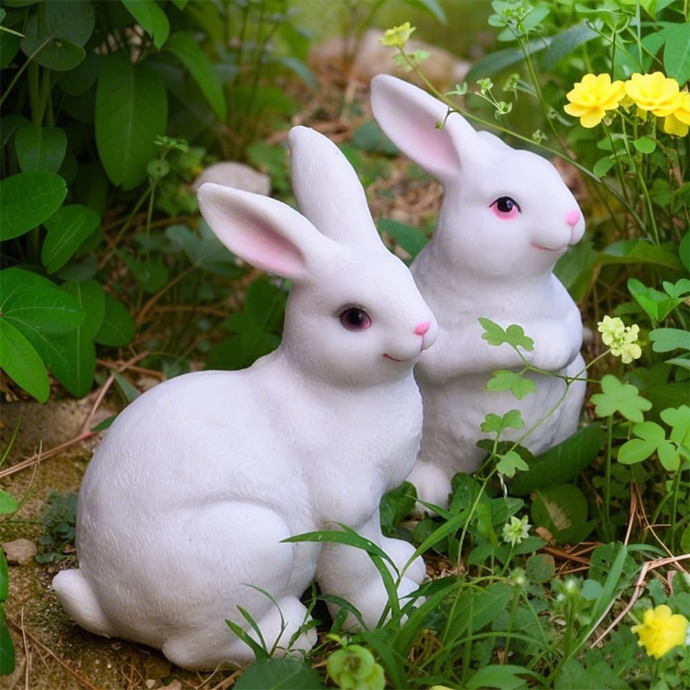 1 Pair Garden Statues Bunny Decor Resin Rabbit Figurine Cute Fairy Garden Decor Outdoor Statues for Patio Yard Porch Balcony Gifts for Women Mom Grandma White