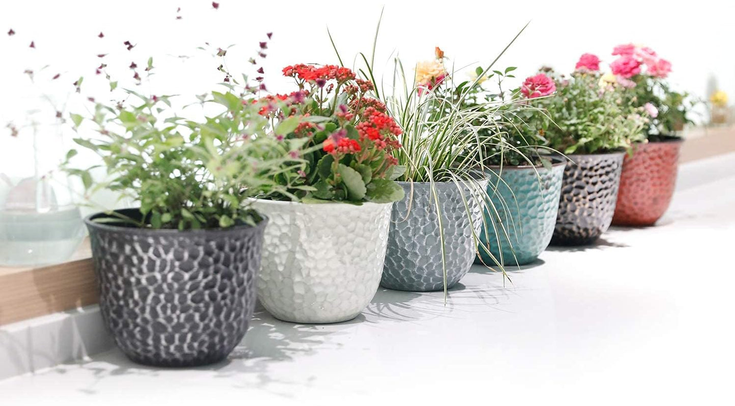 Worth Garden Plastic Round 8 Inch Planters for Indoor Plants Set of 6 Outdoor Resin Flower Pots Colorful with Drainage Hole Rubber Plug Retro Appearance Home Christmas Decorative Containers Multicolor