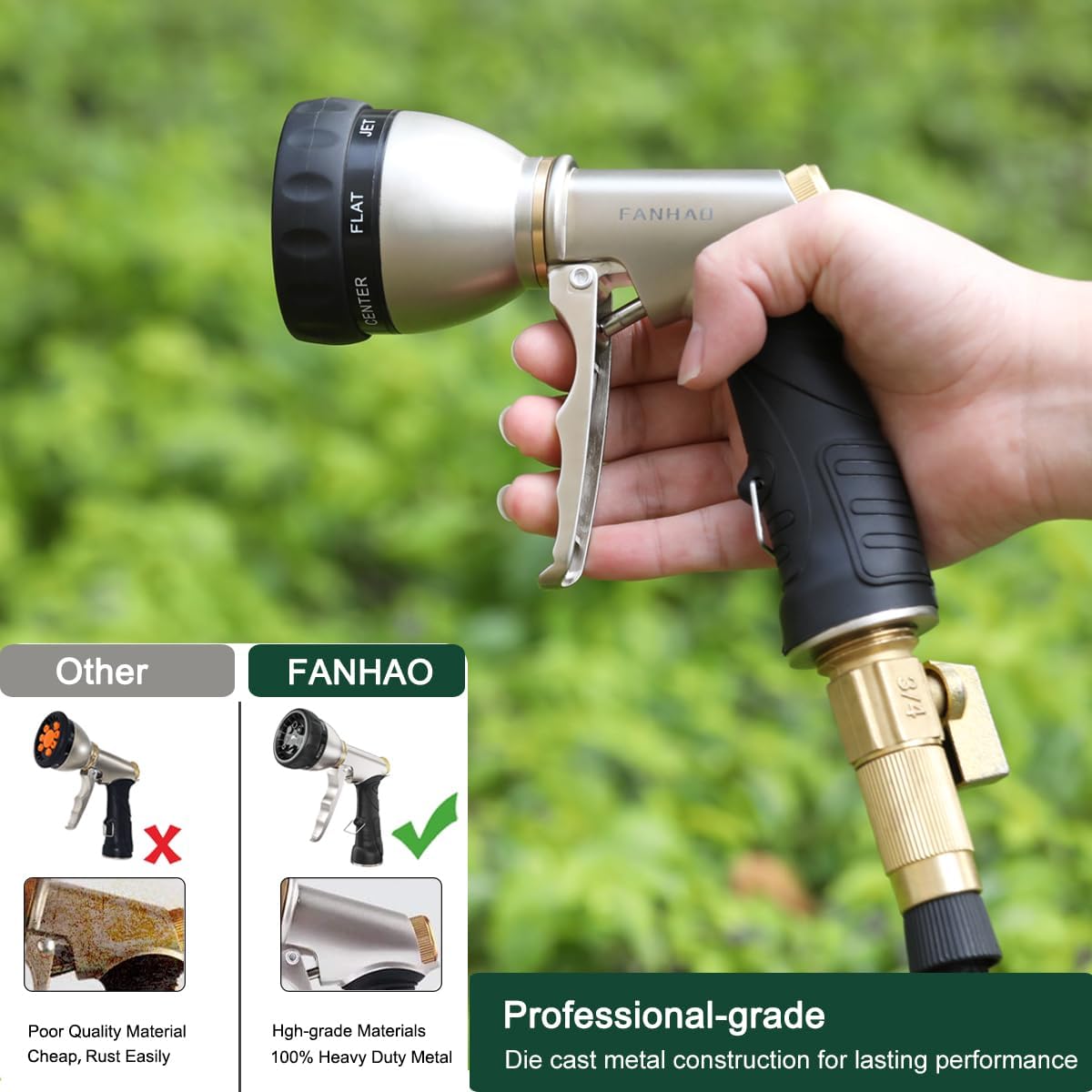 FANHAO Garden Hose Nozzle, 100% Heavy Duty Metal Water Hose Nozzle Sprayer with 7 Spray Patterns, High Pressure Hand Sprayer with Ergonomic Handle for Watering Plants & Lawns, Washing Cars & Pets
