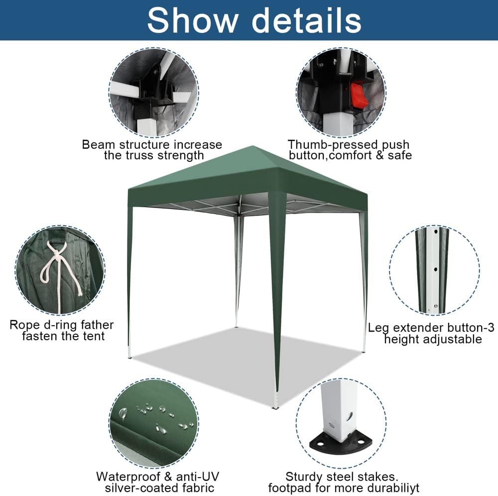 Outvita 6.5x6.5ft Pop Up Canopy Tent, Outdoor Instant Shelter Folding Canopy with Carry Bag for Commercial Events, Party, Backyard BBQ, Camping Green