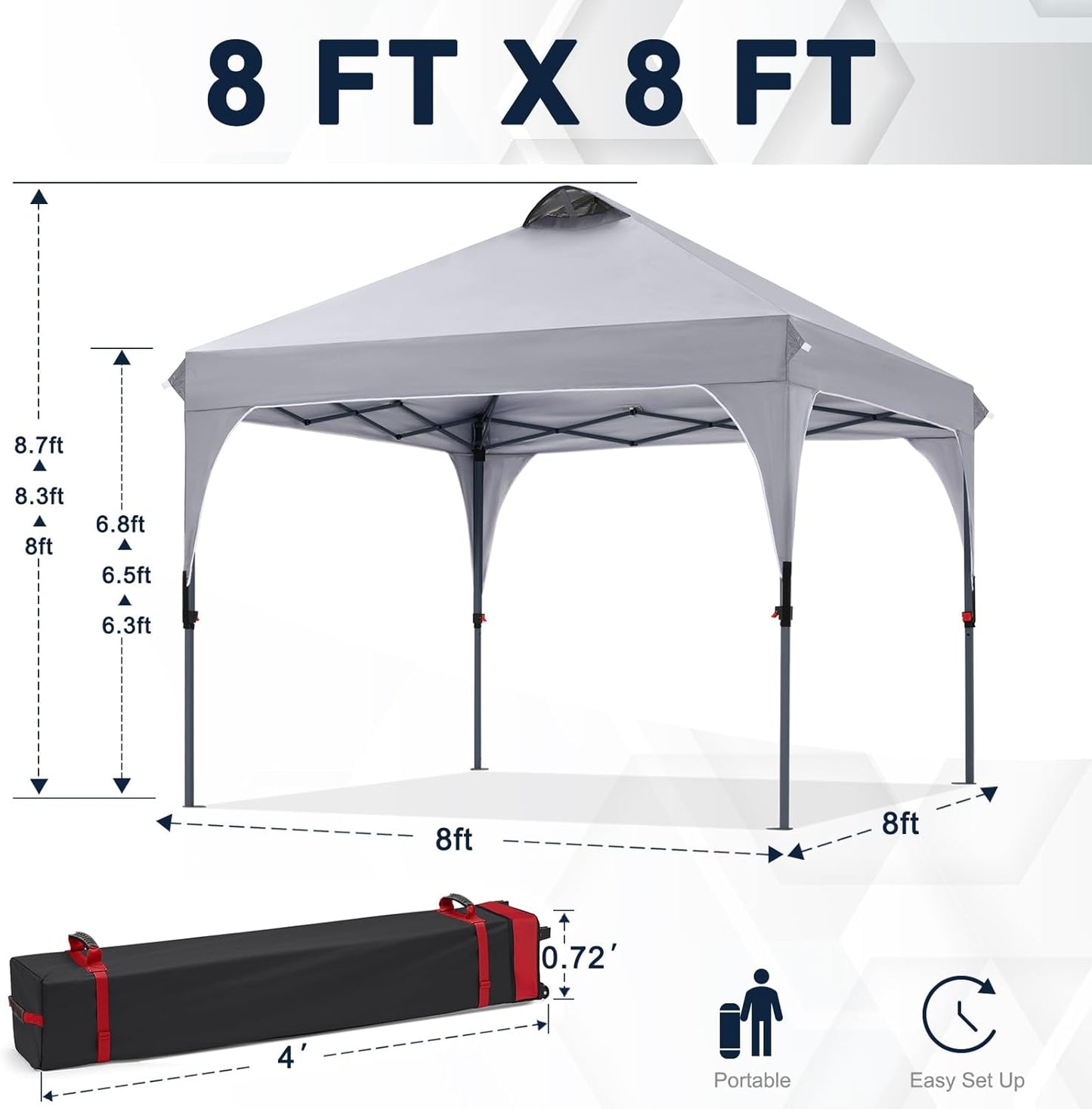 COOSHADE Pop Up Canopy Tent, 8x8 Easy Setup Instant Canopy Sun Shelter Beach Tent, Portable Sports, Grey