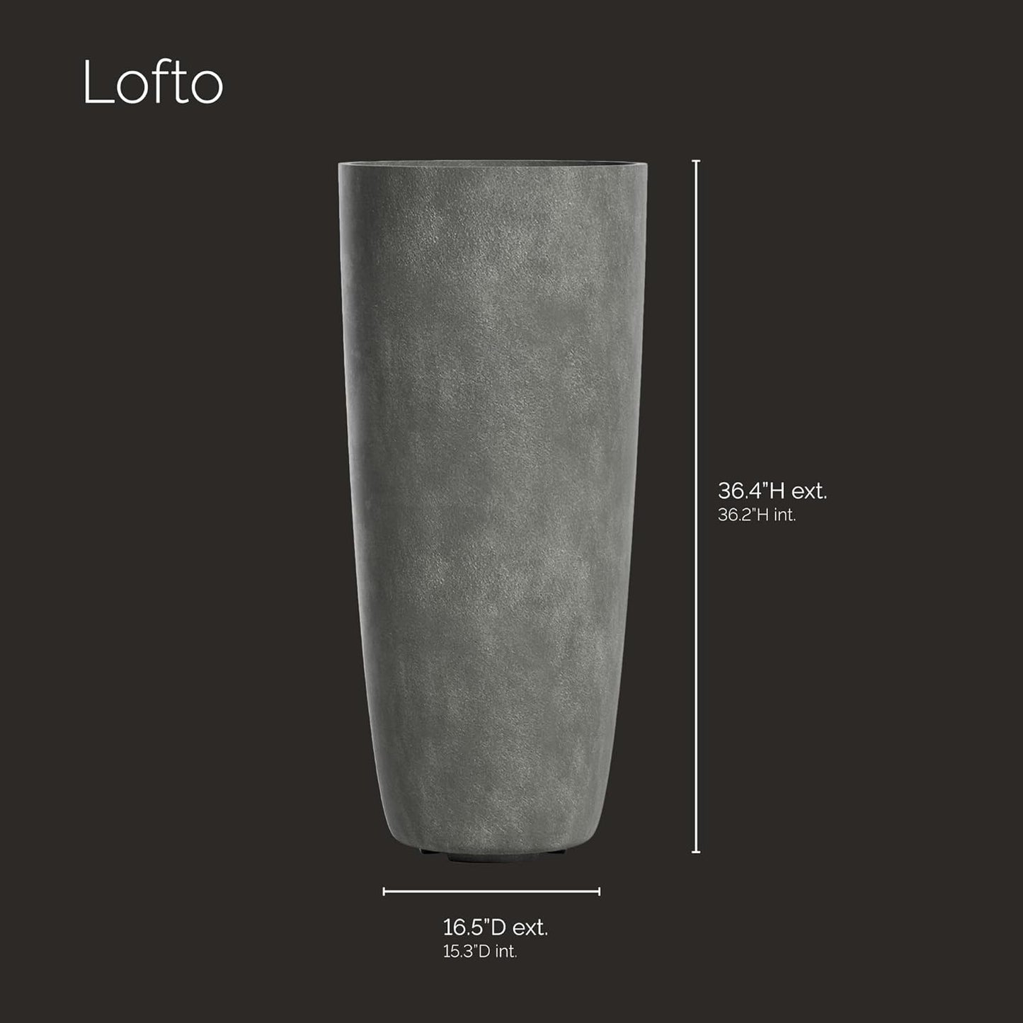 Lofto Tall Planter – Grey Stone Finish – Fiberglass Indoor/Outdoor and Weather-Resistant Large Planter (16.5" D x 36.4" H Exterior, 15.3" D x 36.2" H Interior)