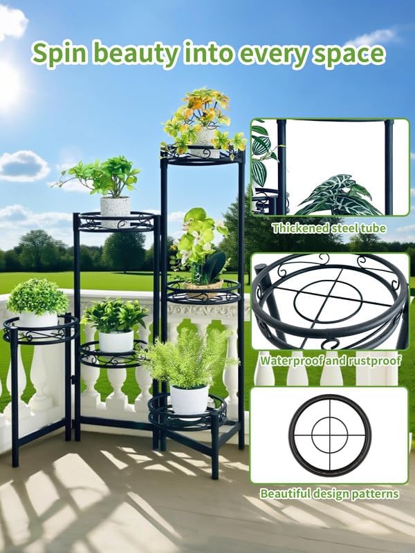Plant Stand Indoor Outdoor, 6 Tier Metal Flower Shelf for Multiple Plants Corner Tall Floding Flower Holders for Patio Garden Living Room Balcony Bedroom - BlackCircle