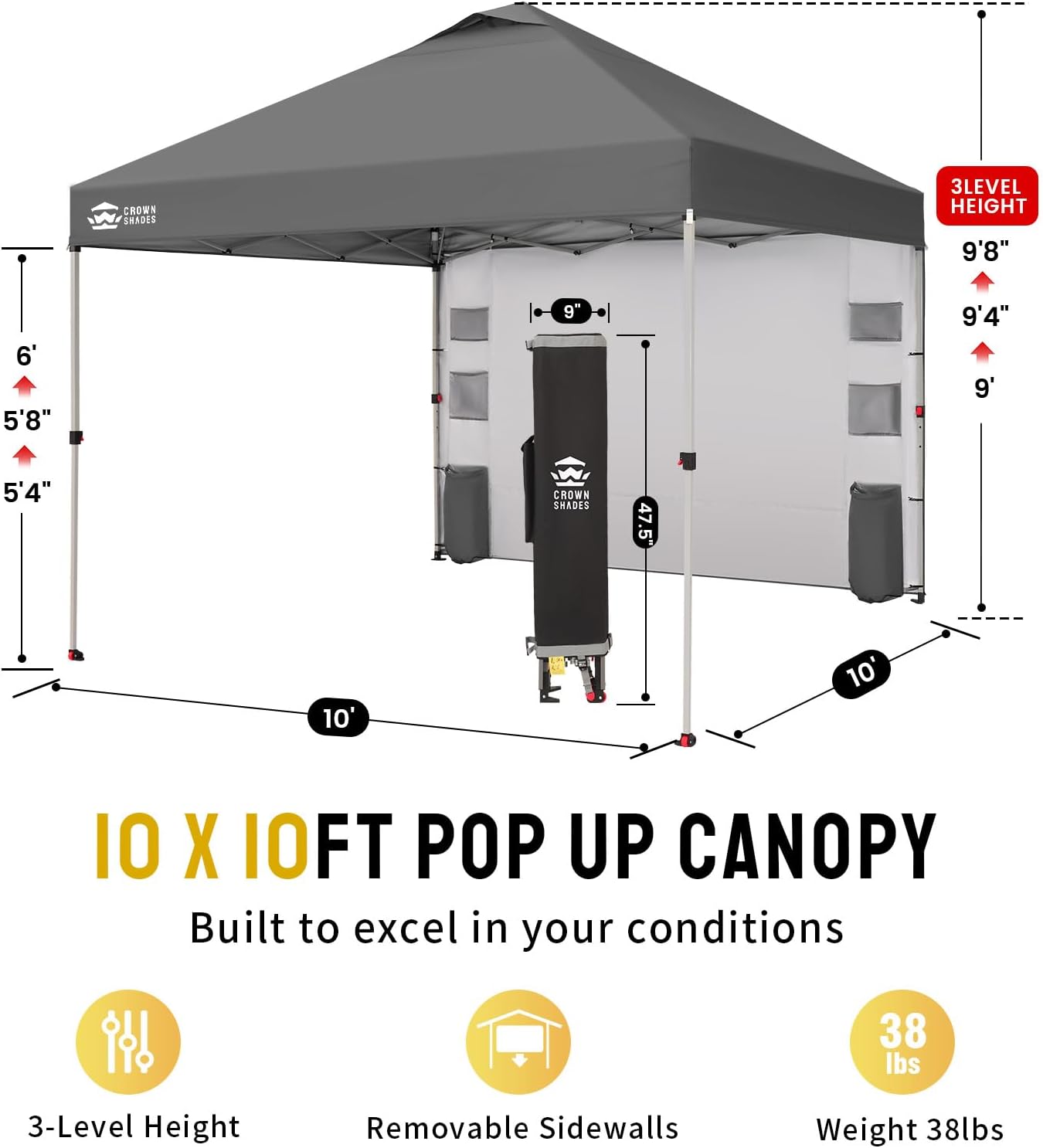 CROWN SHADES Canopy Tent 10x10 Pop Up Canopy Outdoor Shade with Pockets Sidewall, Easy Up Sun Shelter with One Person Set Up Center Lock, Portable Instant Camping Beach Canopy Tents, Grey