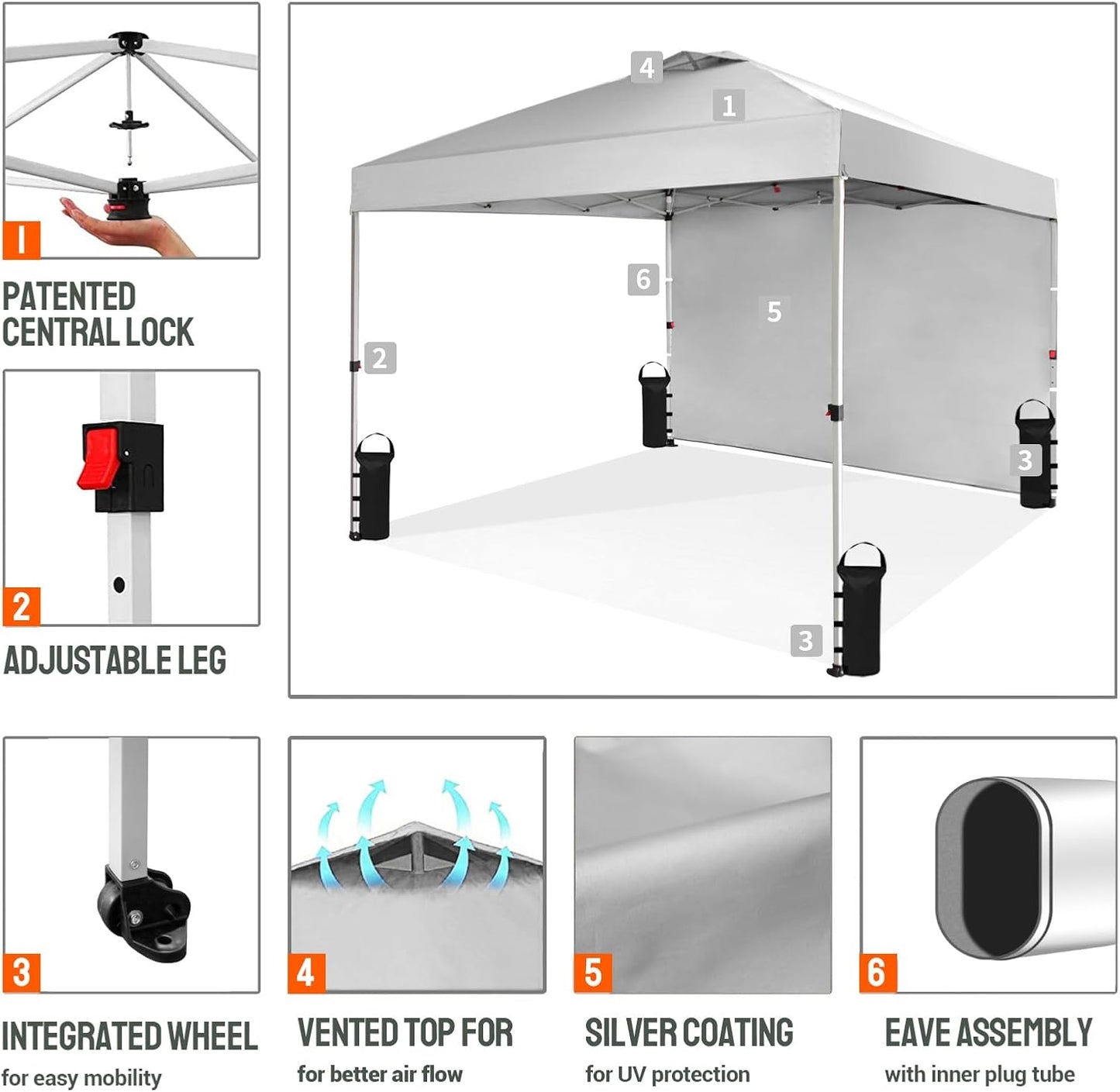CROWN SHADES 10x10 Pop Up Canopy with 1 Side Wall - Beach Tent with One Push Setup - Outdoor Sun Shade for Events, Parties, Camping - Gazebo with STO-N-Go Cover Bag (White)