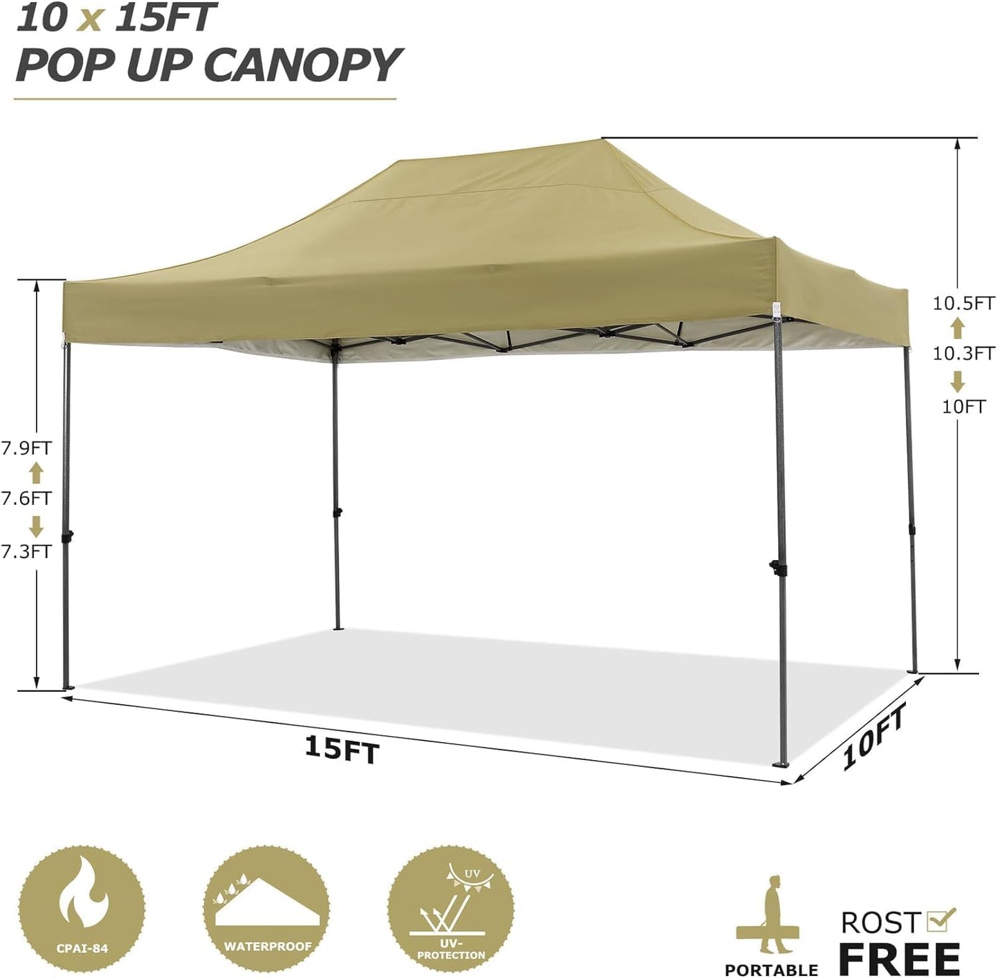 COBIZI 10x15 Pop up Canopy Heavy Duty Without Sidewalls, Easy Set-up Commercial Outdoor Party Canopy, 100% Waterproof Wedding Gazebo, 3 Height Adjustable with Handbag, Khaki