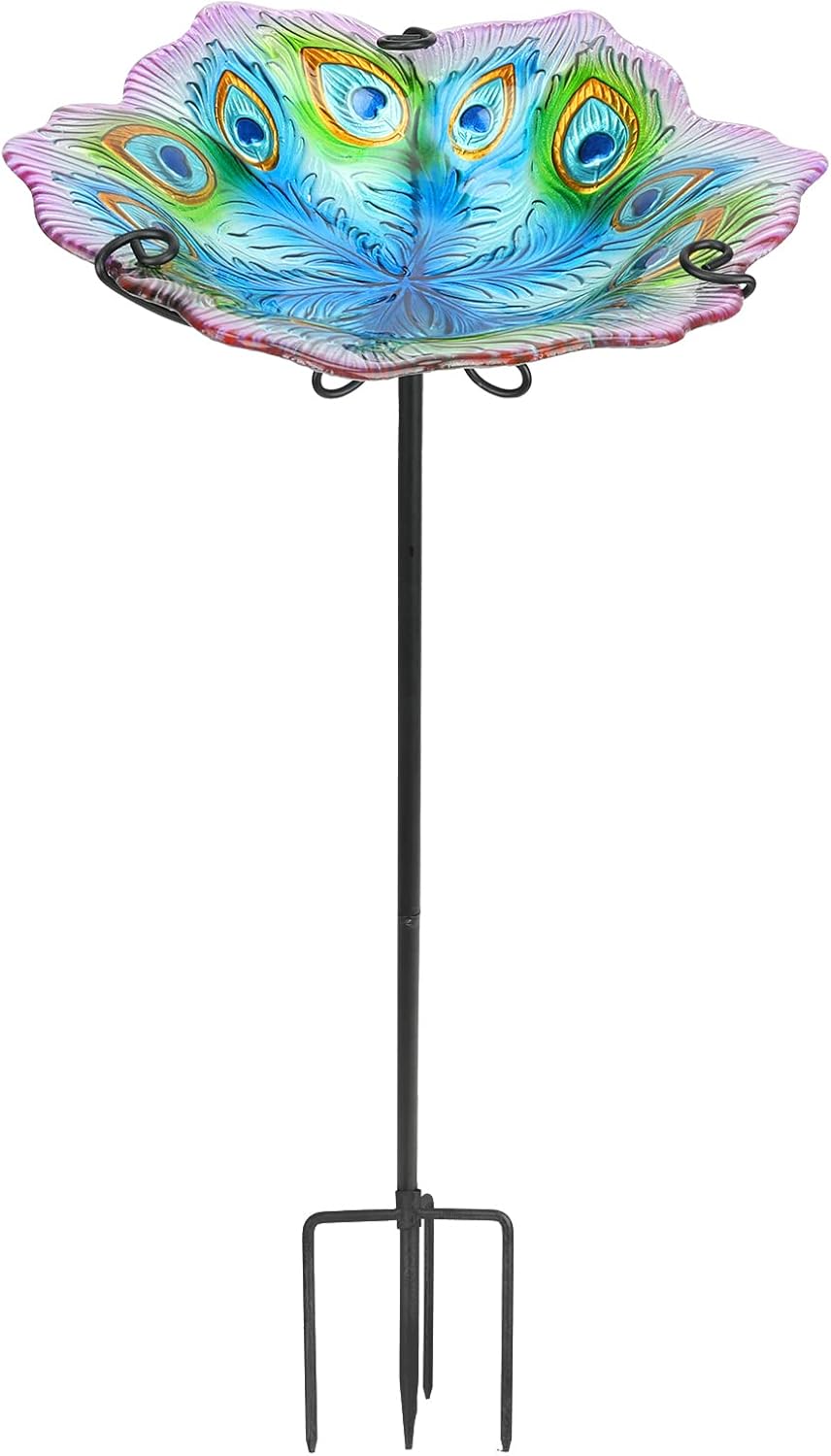 MUMTOP Glass Bird Bath, Garden Outdoor Birdbaths Birdfeeder with Metal Stake Peacock Bird Baths for Outside Yard