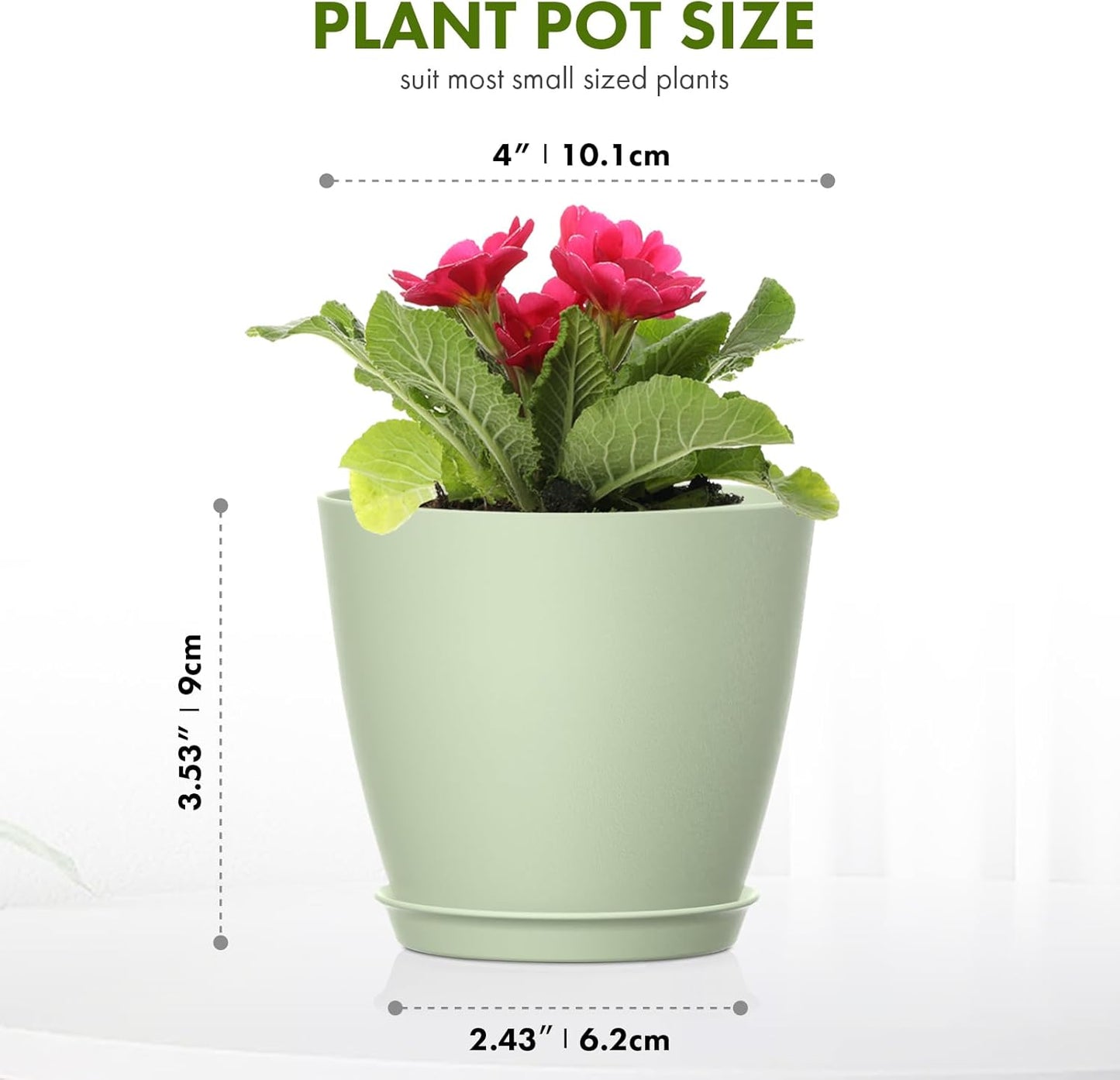 16 Pack 4 Inch Plant Pots with Drainage Holes and Saucers, Pots for Plant Indoor, Plastic Planters for Succulents and Small Plants, Green