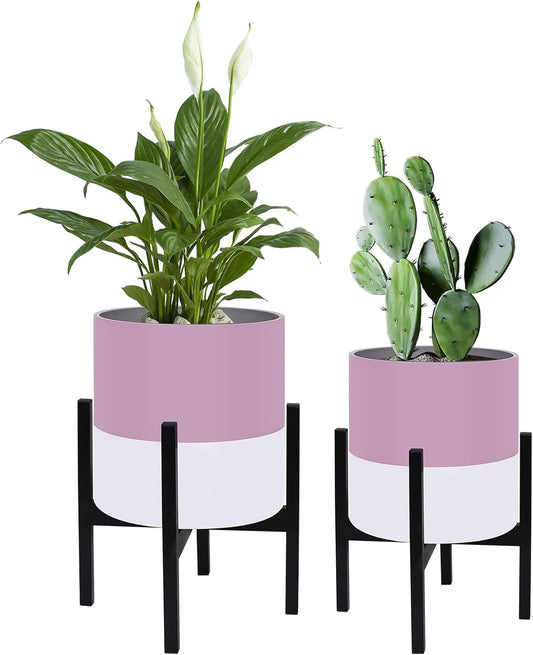 Planter with Stand Set of 2, Modern Plant Pots with Metal Legs Indoor,Flower Pots with Drainage Holes Matching Decorative Garden Pot for Living Room, Office, Garden, or Balcony 10 & 12 Inches
