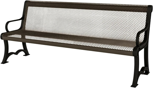 Heavy-Duty Outdoor Bench Thermoplastic Coated, Expanded Metal, Commercial-Grade Garden Bench, Made in America (Portable with Back, 4 Ft, Textured Brown)