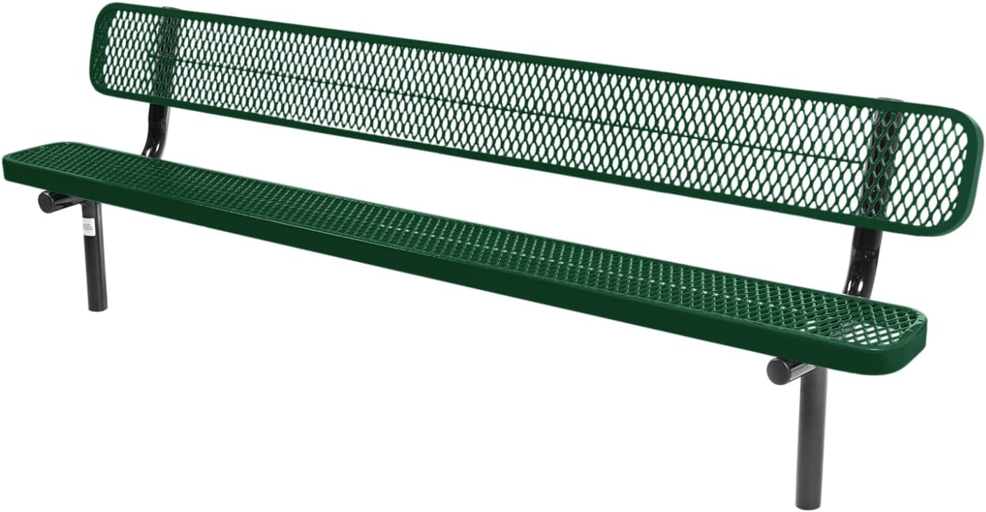 Coated Outdoor Furniture Heavy-Duty Outdoor Bench Thermoplastic Coated, Expanded Metal, Commercial-Grade Seating, Made in America (Inground with Back, 8 Ft, Green)
