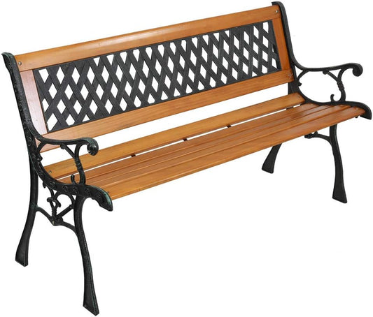 VINGLI Outdoor Bench Metal Garden Bench, Wood Patio Benches w/PVC Backrest Cast Iron Love Seat Park Benches for Porch Yard (Diamond)