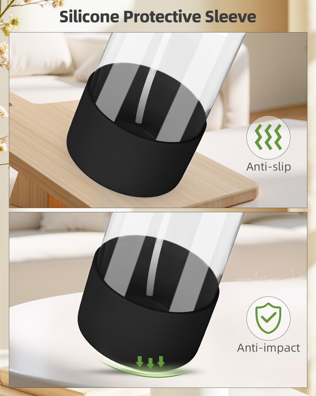 2 Pack Glass Spray Bottles 8 oz, Empty Refillable Containers with Silicone Sleeve Protection, Glass Spray Bottles for Cleaning Solutions, Hair and Plants with Adjustable Nozzles Black