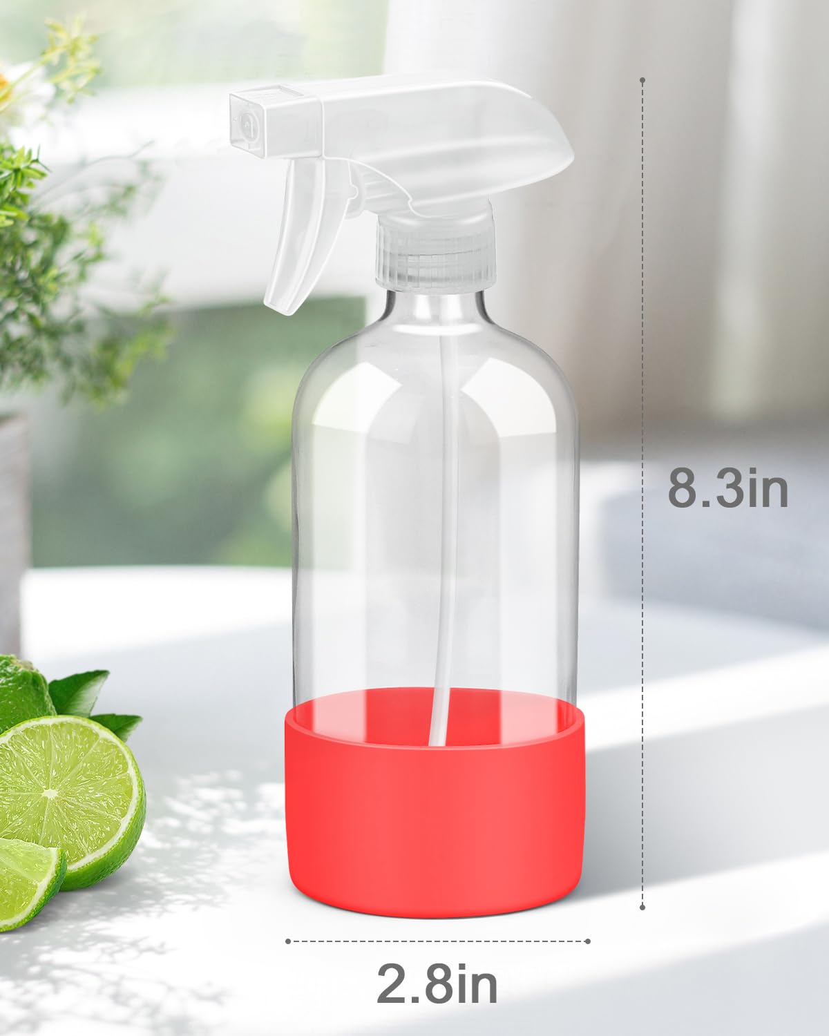 Glass Spray Bottles with Silicone Sleeve Protection, Empty 16OZ Reusable Spray Bottles, Refillable Containers with Spray Nozzles for Cleaning Solutions, Plants and Essential Oils 1 Pack Red