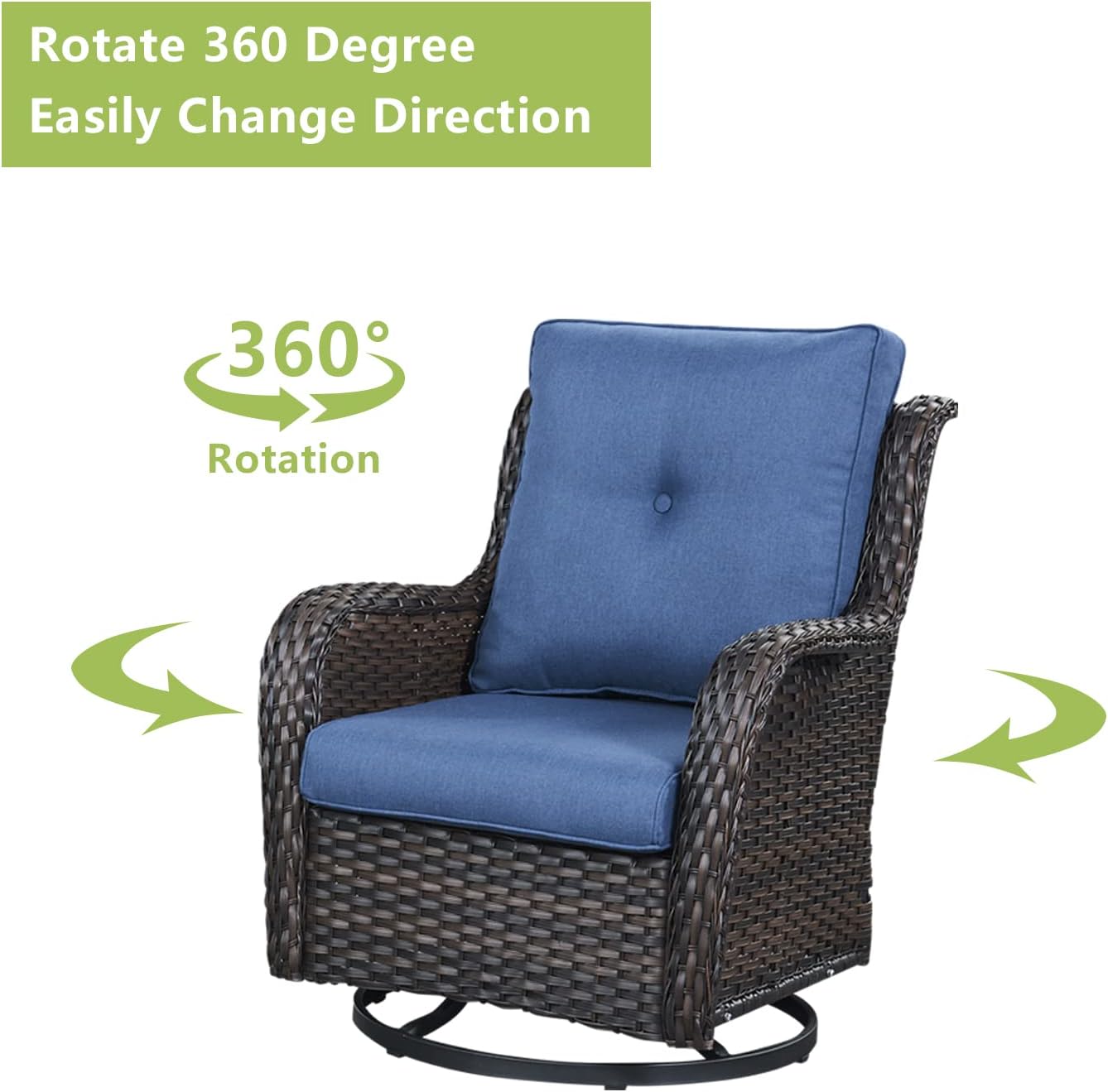 Outdoor Patio Swivel Rocker Chairs - Single Wicker Rattan Patio Swivel Rocking Chair with High Back,Deep Seating and Comfort Cushions for Deck Porch Garden,Brown/Blue