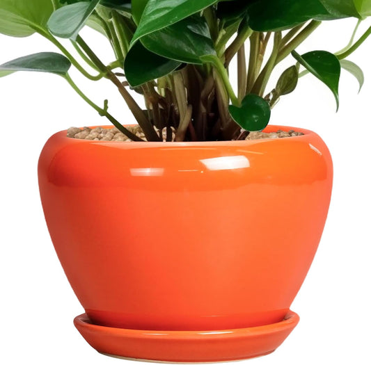 Ceramic Plant Pot 6 Inch - Ceramic Planter for Indoor Plants Outdoor, Glaze Round Modern Flower Pot with Drainage Hole and Saucer, Gift for Plant Lover, Home Garden Room Decor, Orange