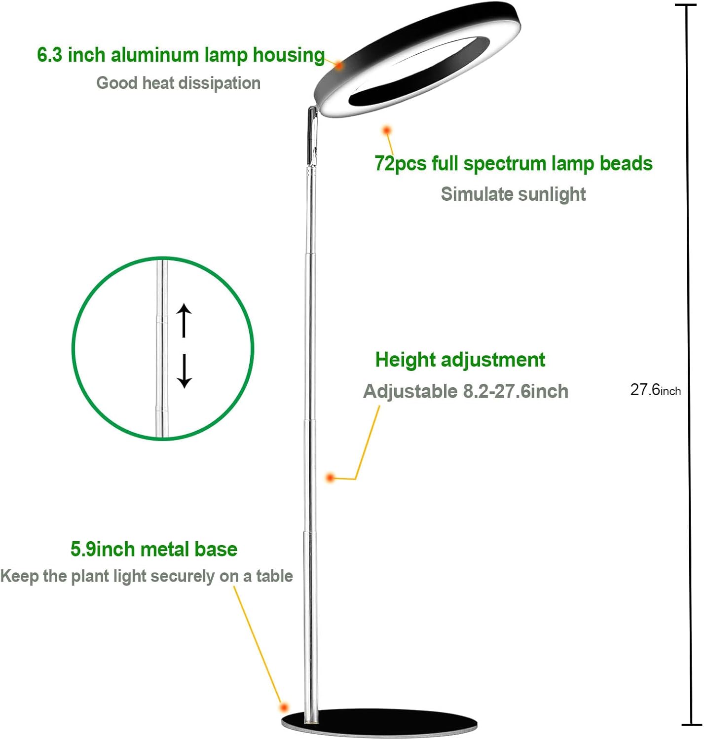 yadoker 72 LEDs Full Spectrum Plant Grow Light for Indoor Plants，Height Adjustable, 6.3" Aluminum Housing,Automatic Timer with 8/12/16 Hours,10-Level Brightness,Ideal for Small and Medium Plant Grow
