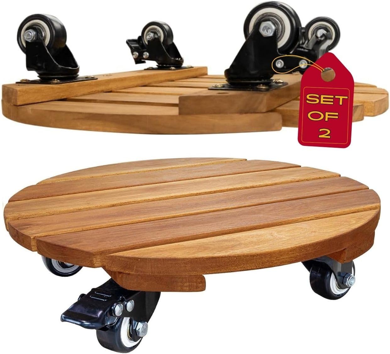 Idzo 2pack 12inches Wood Plant Caddy with Wheels Heavy Duty, 264 Lbs Capacity, Acacia Hardwood Plant Dolly, Plant Stand with 360° Lockable Wheels for Plant Pots, Heavy Objects Hauling - Natural Wood