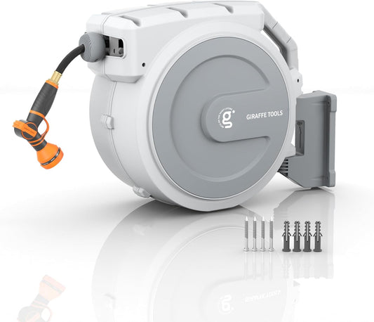 Giraffe Tools Retractable Garden Hose Reel, 5/8 in x 90 ft Heavy Duty Hose Reel With 9 Pattern Nozzle, Any Length Lock, Wall Mount Water Hose Reel, 180°Swivel, Light Grey