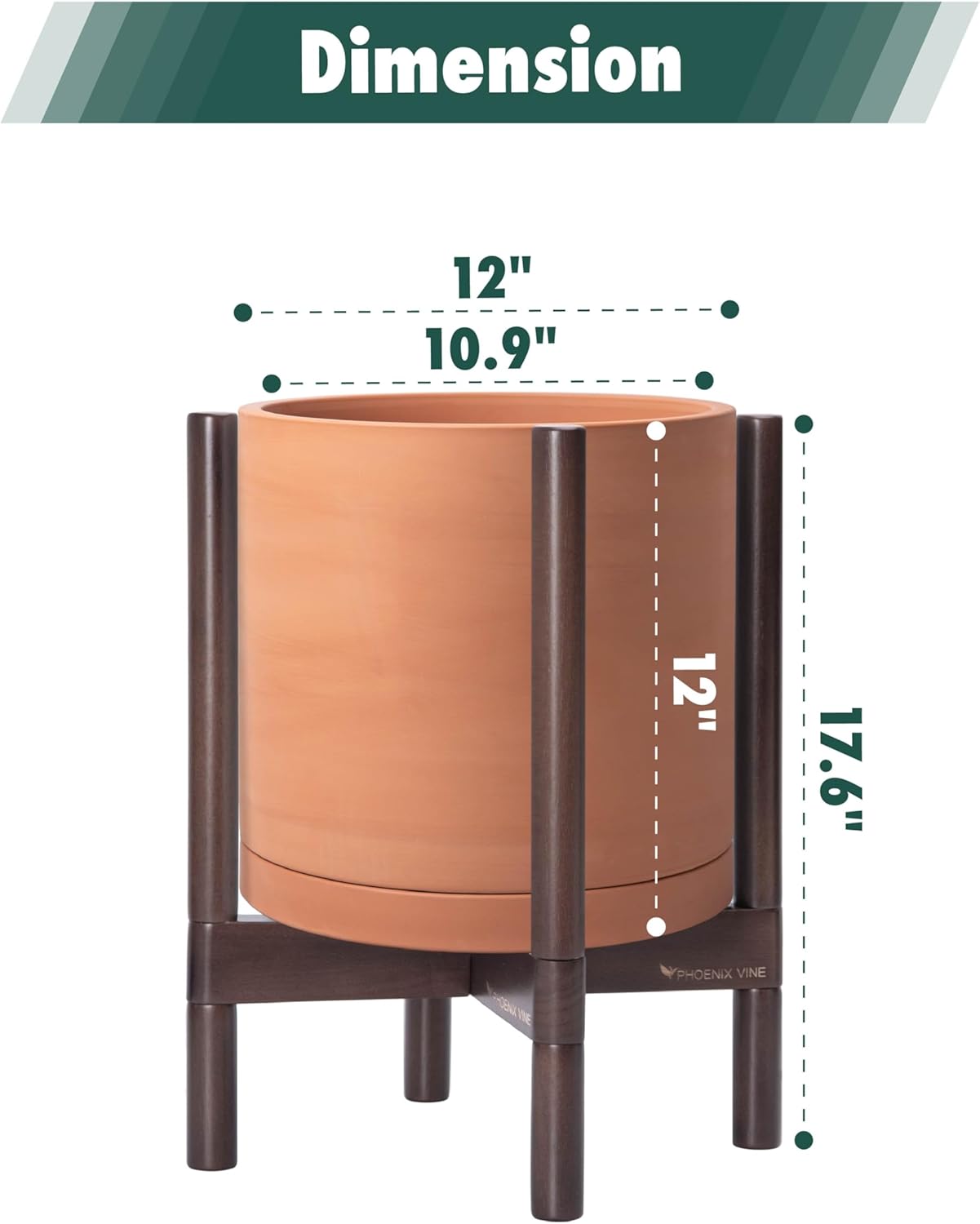 D'vine Dev Terracotta Planter with Walnut Color Stand - 12 Inch Modern Round Flower Pot with Wood Planter Holder, Terracotta, 55-B-W-5
