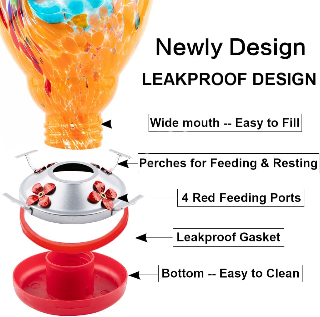 WOSIBO Hummingbird Feeder for Outdoors Patio Large 32 Ounces Colorful Hand Blown Glass Hummingbird Feeder with Ant Moat Hanging Hook, Rope, Brush and Service Card (Blue-Orange)