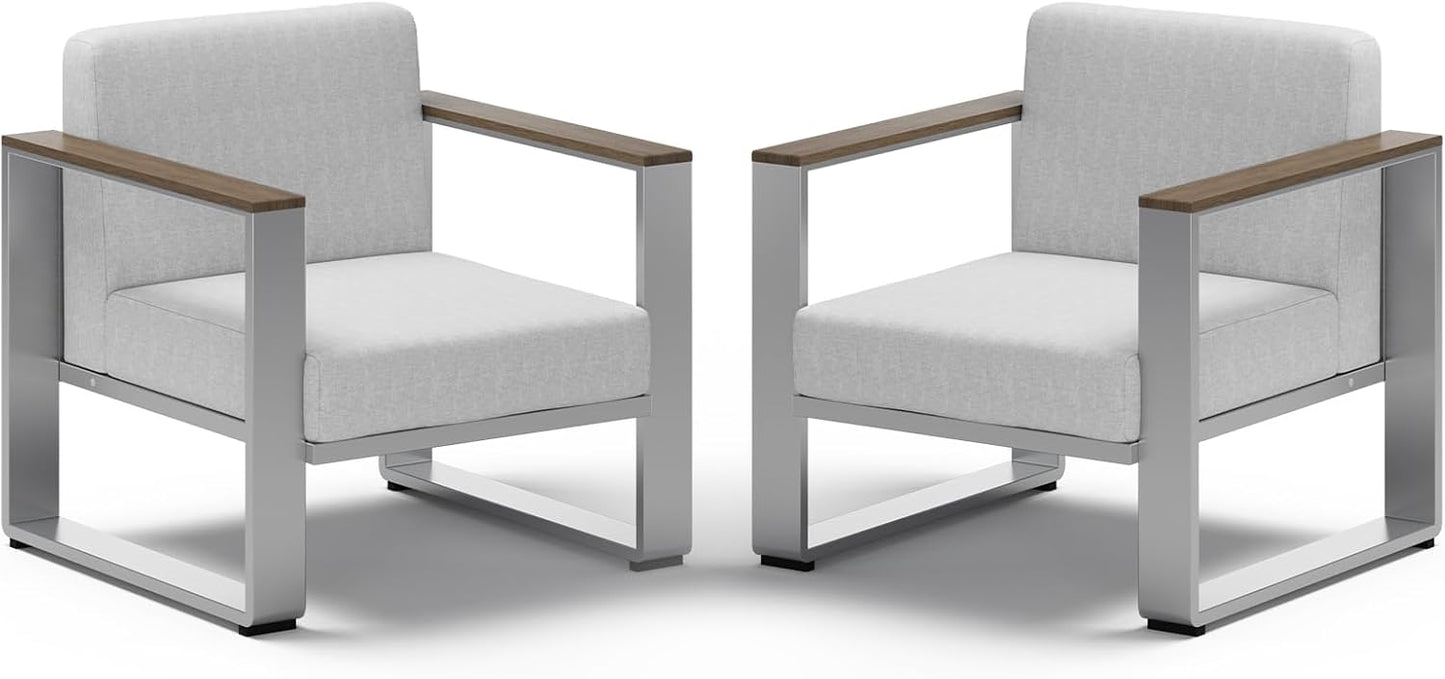 Aluminum Outdoor Patio Furniture, 2 Pieces Armchairs, All-Weather Metal Modern Outside Single Sofa for Deck, Porch (LightGray)