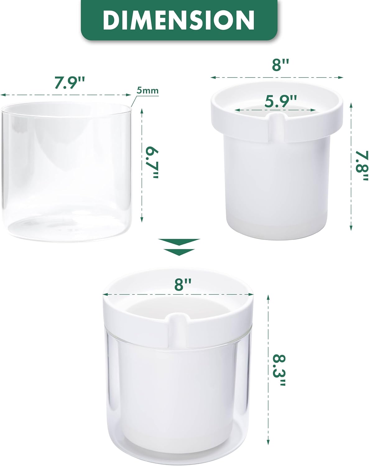 Phoenix Vine 8 Inch Self Watering Planter, White Terracotta Clay Pot with Glass Reservoir for Indoor Plants, Herbs, Flowers, Set of 1, 52-B-H-1