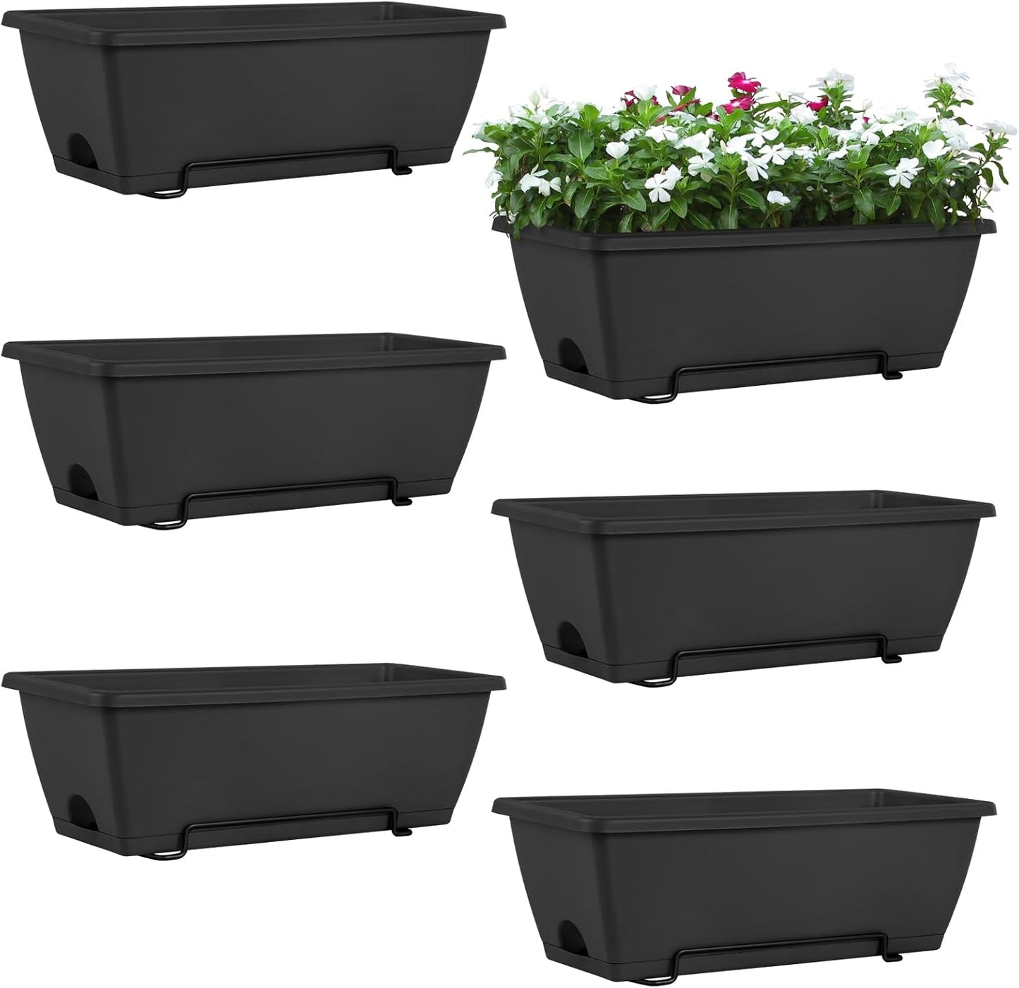 HAITRAL Hanging Planters for Outdoor Plants,Deck Railing Planter Boxes Countryside Style Window Boxes Planters, Balcony Flower Pots Plastic Railing Planter with Metal Brackets for Fence,Black 6 Pcs