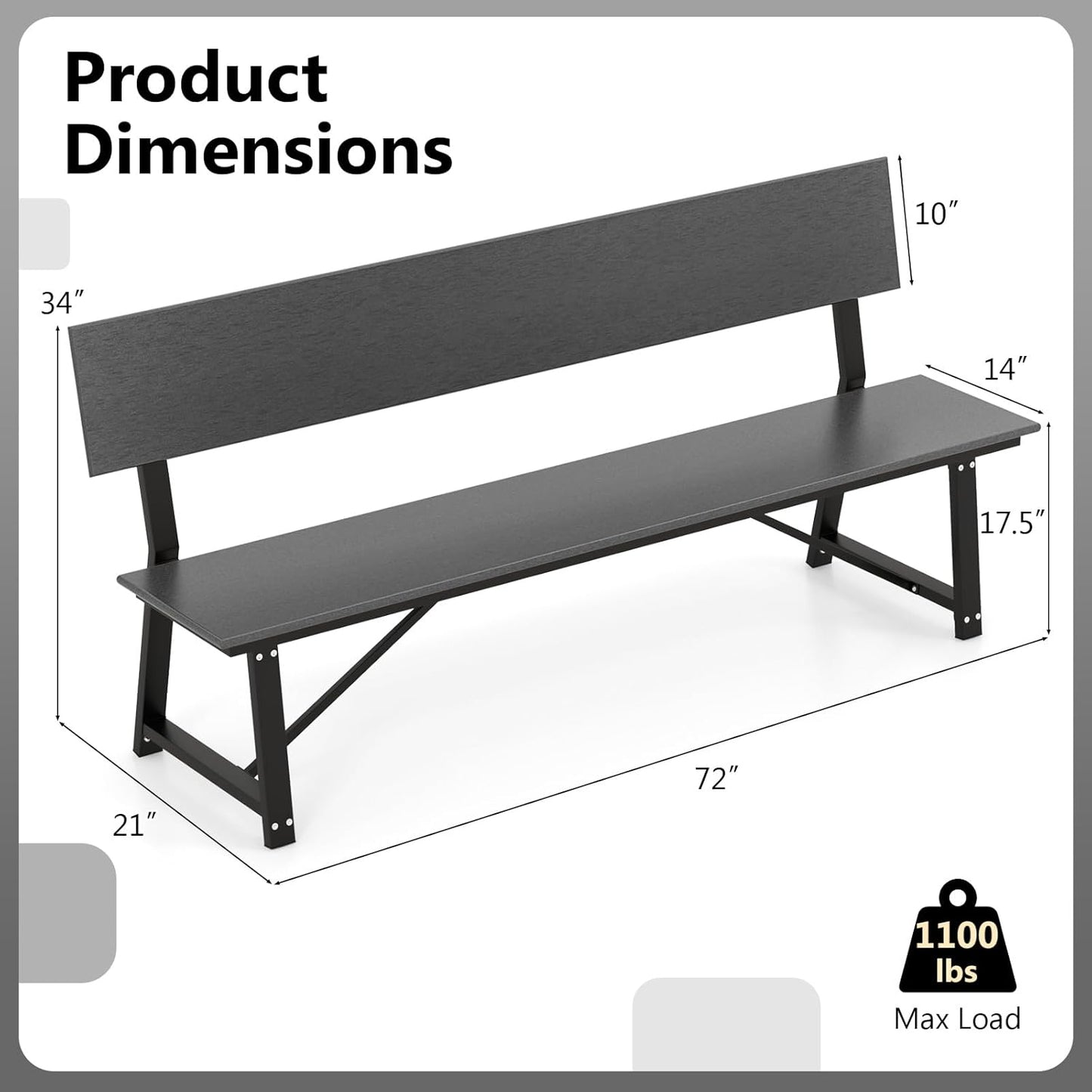 Tangkula 72” Outdoor Bench, Extra Long Patio HDPE Bench for 4 People, 1100 lbs Weight Capacity, Heavy-Duty Patio Picnic Dining Bench for Garden, Porch, Lawn, Backyard & Park