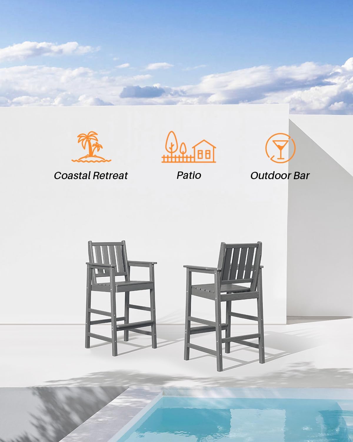 3 Pieces HDPE Outdoor Patio Bar Set, Rectangular Bar Height Table and Chairs Set, Patio Bar Stools Set, HDPE Outdoor Bar Table and Chairs Set for Balcony, Poolside, Porch, Smoke Gray