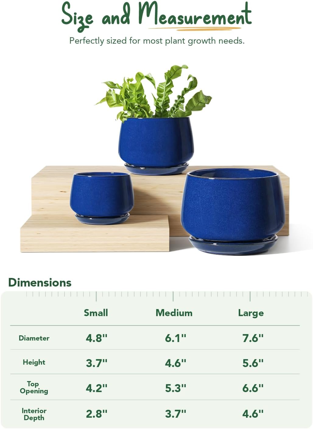 LE TAUCI Plant Pots, 4.1+5.1+6.5 inch, Set of 3, Ceramic Planters with Drainage Hole and Saucer, Indoor Flower Pot with Hole Mesh Pad, Gifts for Mom, Sapphire Blue