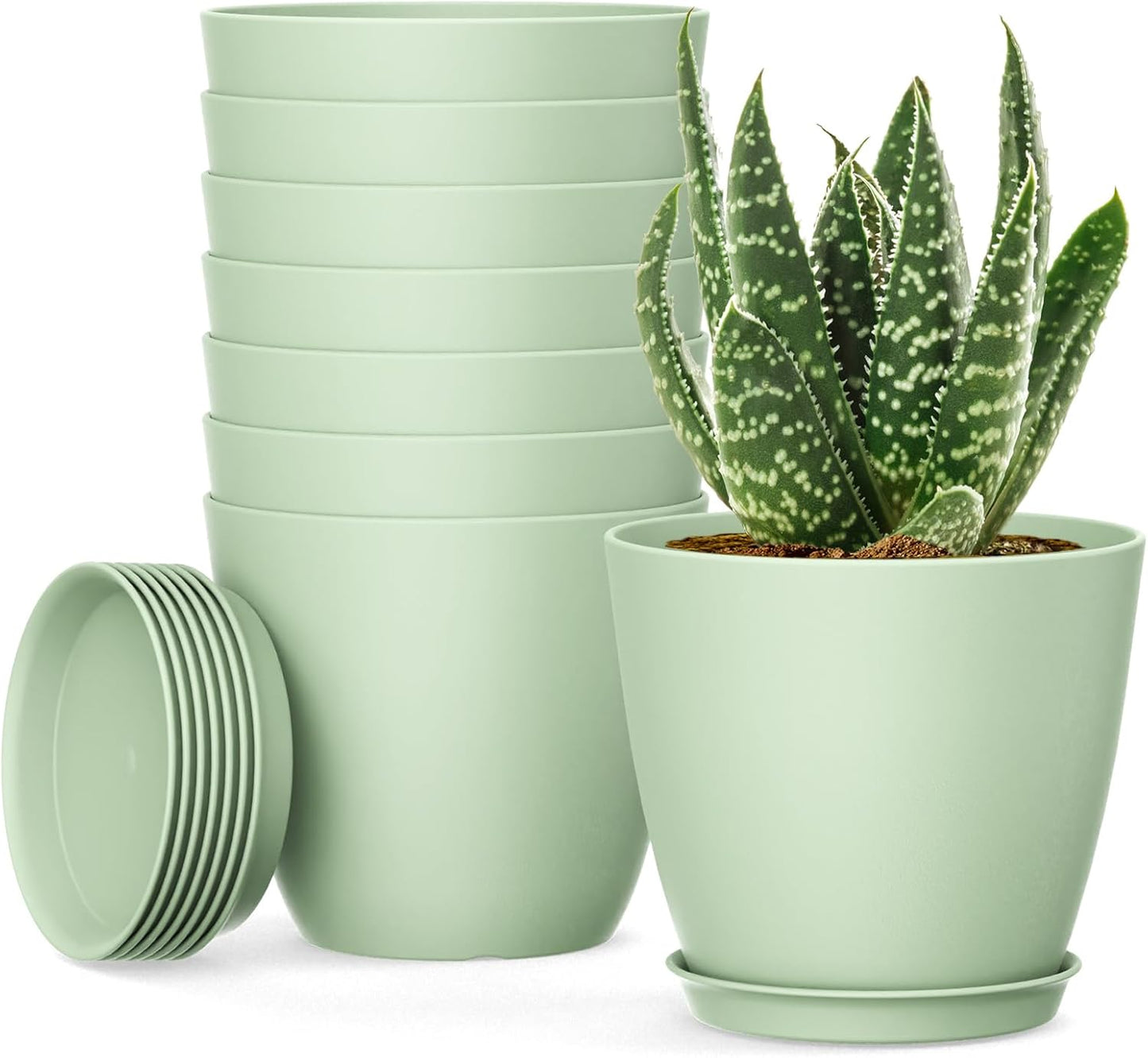 8 Pack 4 Inch Plant Pots with Drainage Holes and Saucers, Pots for Plant Indoor, Plastic Planters for Succulents and Small Plants, Green