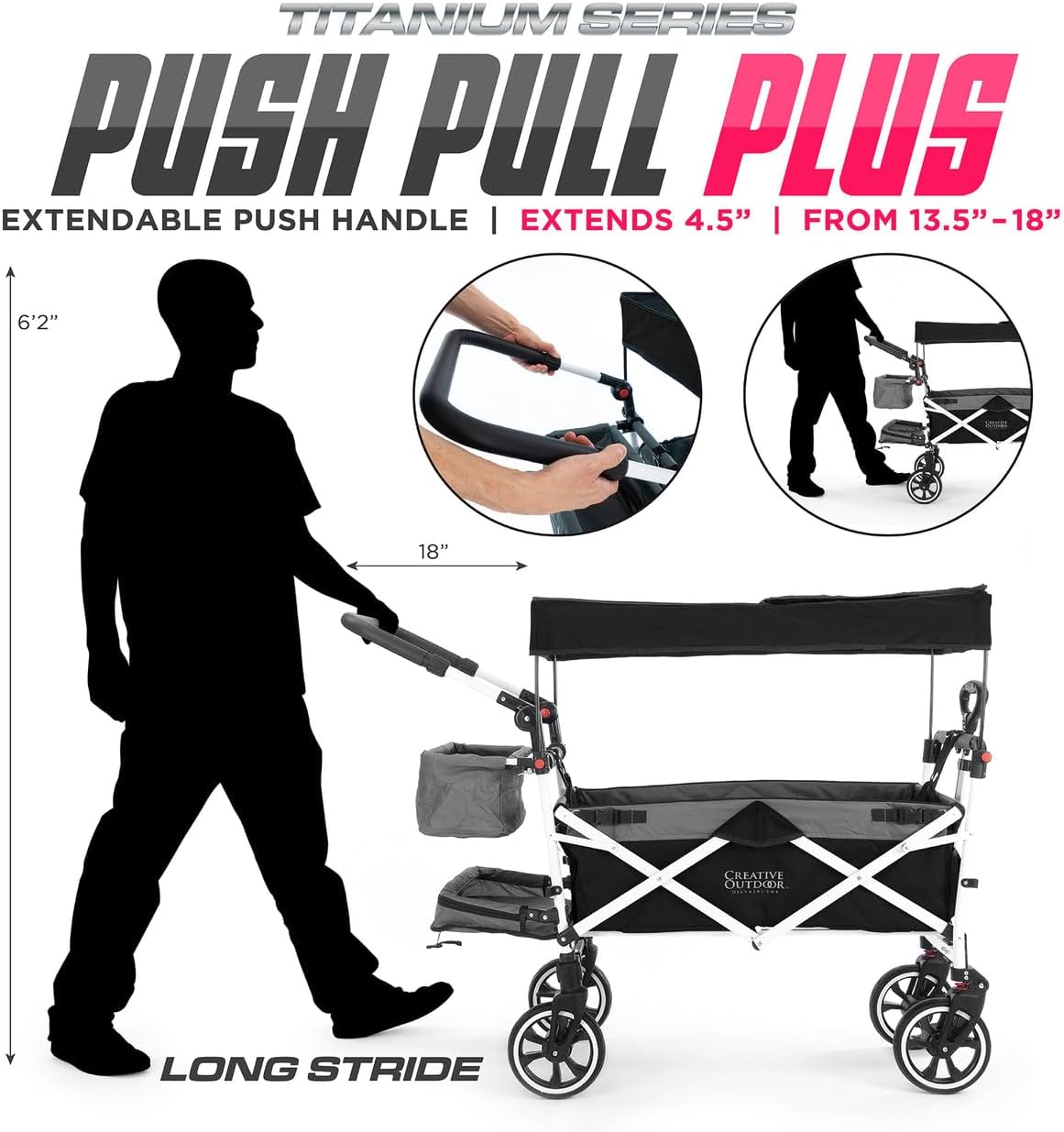 Creative Outdoor Wagon for Kids Push Pull Collapsible Stroller with Canopy Folding Cart | Titanium Series Plus | Beach, Park, Garden (Black & Grey)
