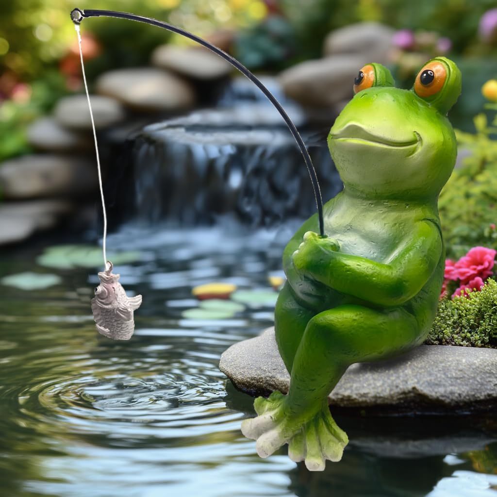 Frog Fishing Statue Garden Decor – 9.8" Weatherproof Resin Frog Fishing Sculpture Decor for Fish Ponds, Koi Ponds, Waterfalls, Poolside & Outdoor Gardens– Resin Figurine for Indoor & Outdoor Décor