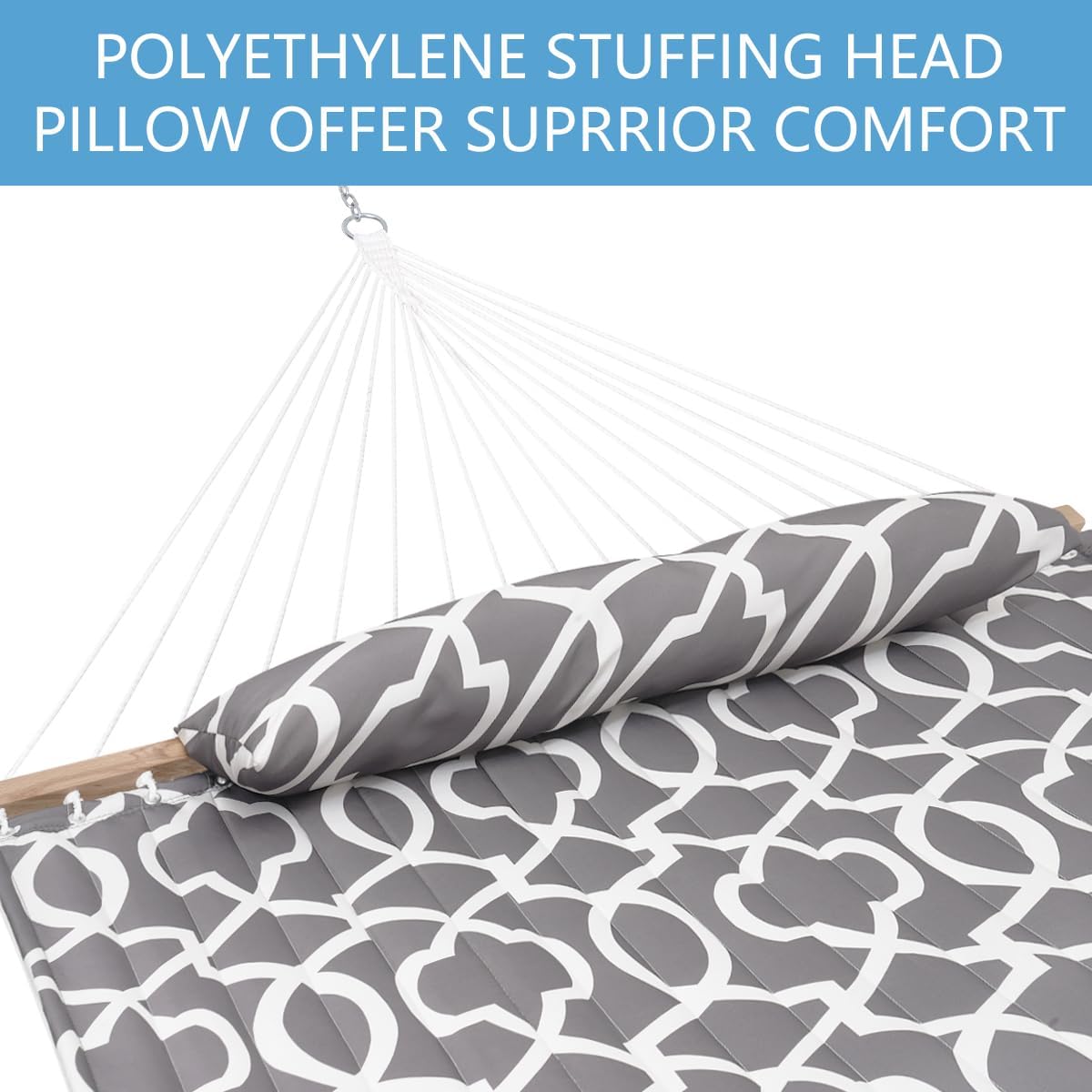 Lazy Daze Hammocks 12FT Quilted Fabric Hammock with Pillow, Double 2 Person Hammock with Spreader Bar for Outdoor Outside Patio Garden Yard HMQF-001GF