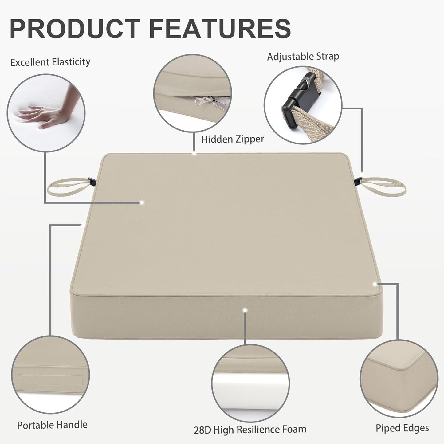 Favoyard Patio Chair Cushions 22 x 22 x 3 Inch Waterproof Outdoor Seat Cushions for Patio Furniture 3-Year Color Fastness Garden Sofa Couch Chair Pads with Handle & Adjustable Straps Set of 2, Beige