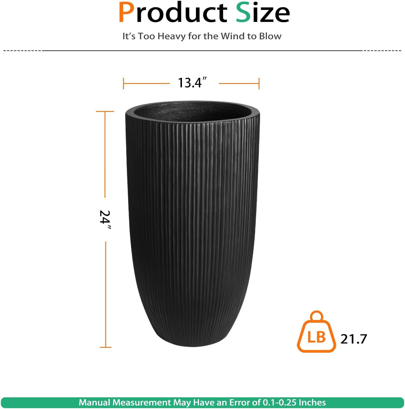 Tall Planters for Outdoor Plants, Large Concrete Flower Pots for Garden Front Porch, Patio, Indoor (Vertical Black, 24 inch)