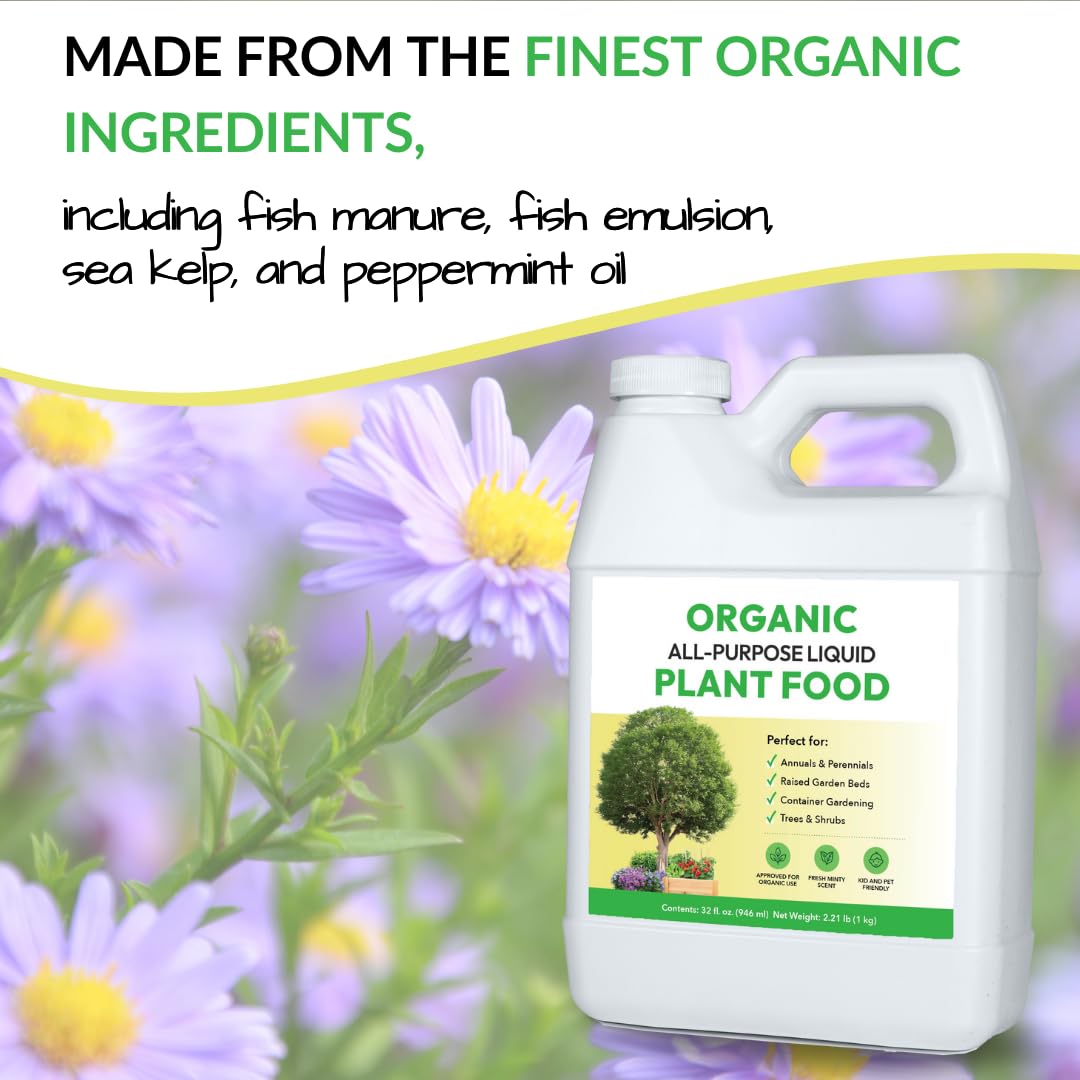 Organic All-Purpose Liquid Plant Food - Use on All Outdoor Plants: Flower Beds, Vegetable Gardens, Container Gardening | Concentrated Liquid Fertilizer Alternative (1 Gallon, Mixes to 128 Gallons)