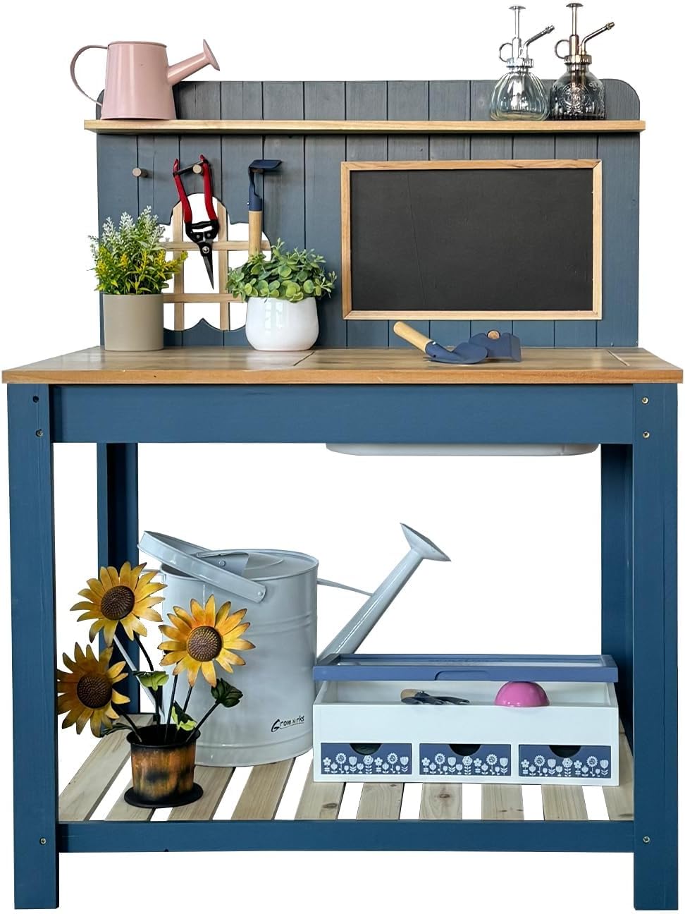 Potting Bench Outdoor Potting Table—All-Weather Kids Solid Wood Garden Work Station with Sink、Drawing Board、Shelves, Weather Proof（Blue, Large）