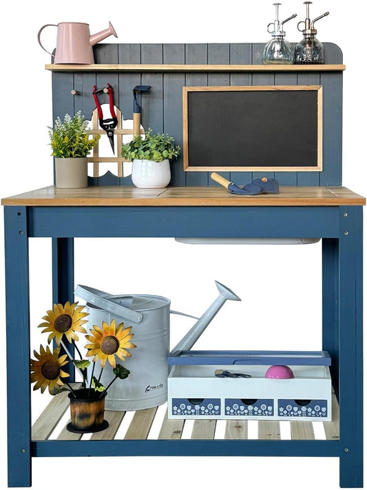 Potting Bench Outdoor Potting Table—All-Weather Kids Solid Wood Garden Work Station with Sink、Drawing Board、Shelves, Weather Proof（Blue, Large）