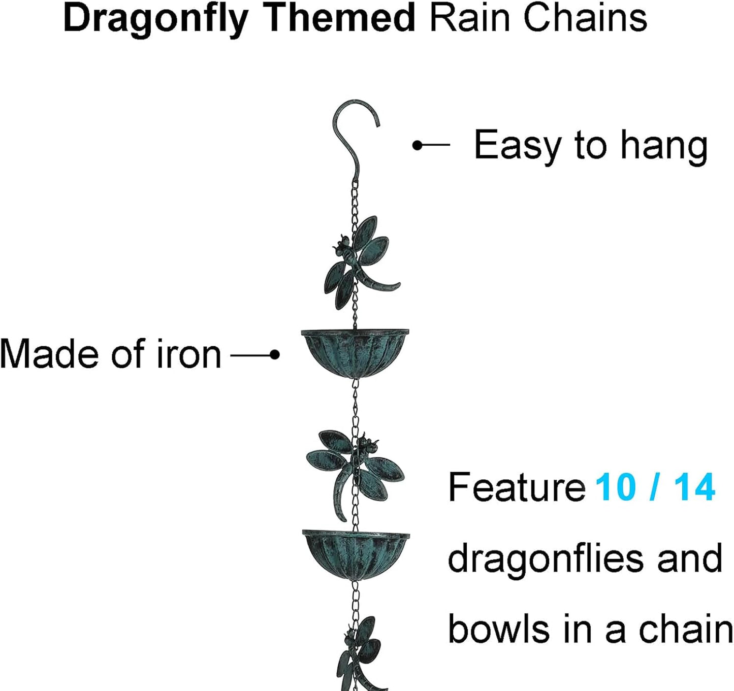 Iron Dragonfly & Cups Rain Chains, 12 Ft Replacement Downspout for Gutters, Antique Blue