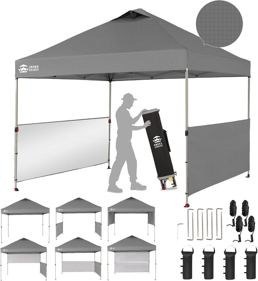 CROWN SHADES 10x10 Pop up Canopy Tent Instant Canopy with 150D Silver Coated Fabric Including 2 Half Sidewalls, 4 Ropes, 8 Stakes, 4 Weight Bags, STO 'N Go Bag, Grid Grey