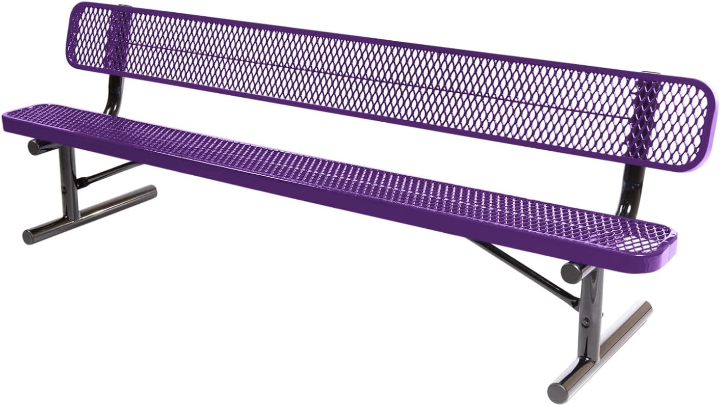 Coated Outdoor Furniture Heavy-Duty Portable Outdoor Bench Thermoplastic Coated, Expanded Metal, Commercial-Grade Seating, Made in America (Portable with Back, 8 Ft, Purple)