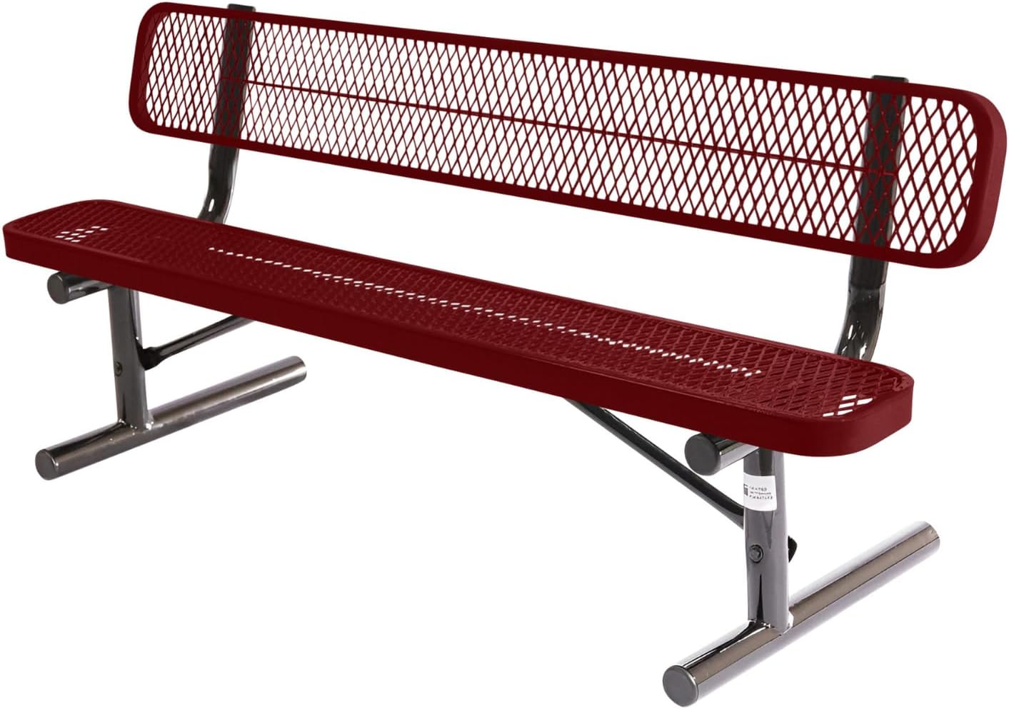 Heavy-Duty Portable Outdoor Bench Thermoplastic Coated, Expanded Metal, Commercial-Grade Seating, Made in America (Portable with Back, 6 Ft, Textured Burgundy)