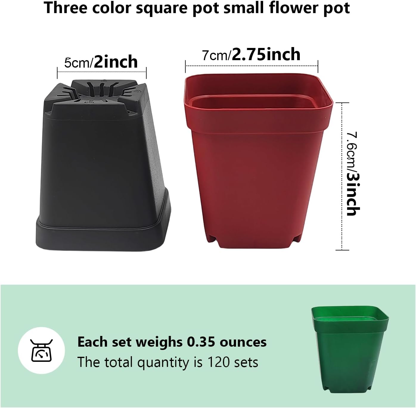 Square Plastic Nursery Pot 3" 120 Pcs Deep Succulent Pots Small Flower Planter Seeds Starter Pots with Drainage (Green,Black,Red 40pcs Each,2.7Inches)