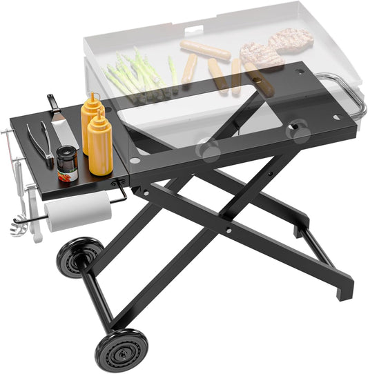 Foldable Grill Cart Table for Blackstone 22 Inch 17 Inch Tabletop Griddle Accessories,Portable Collapsible Grill Stand for Backyard, Camping and Outdoor Cooking with Wheels Side Table Transport Handle